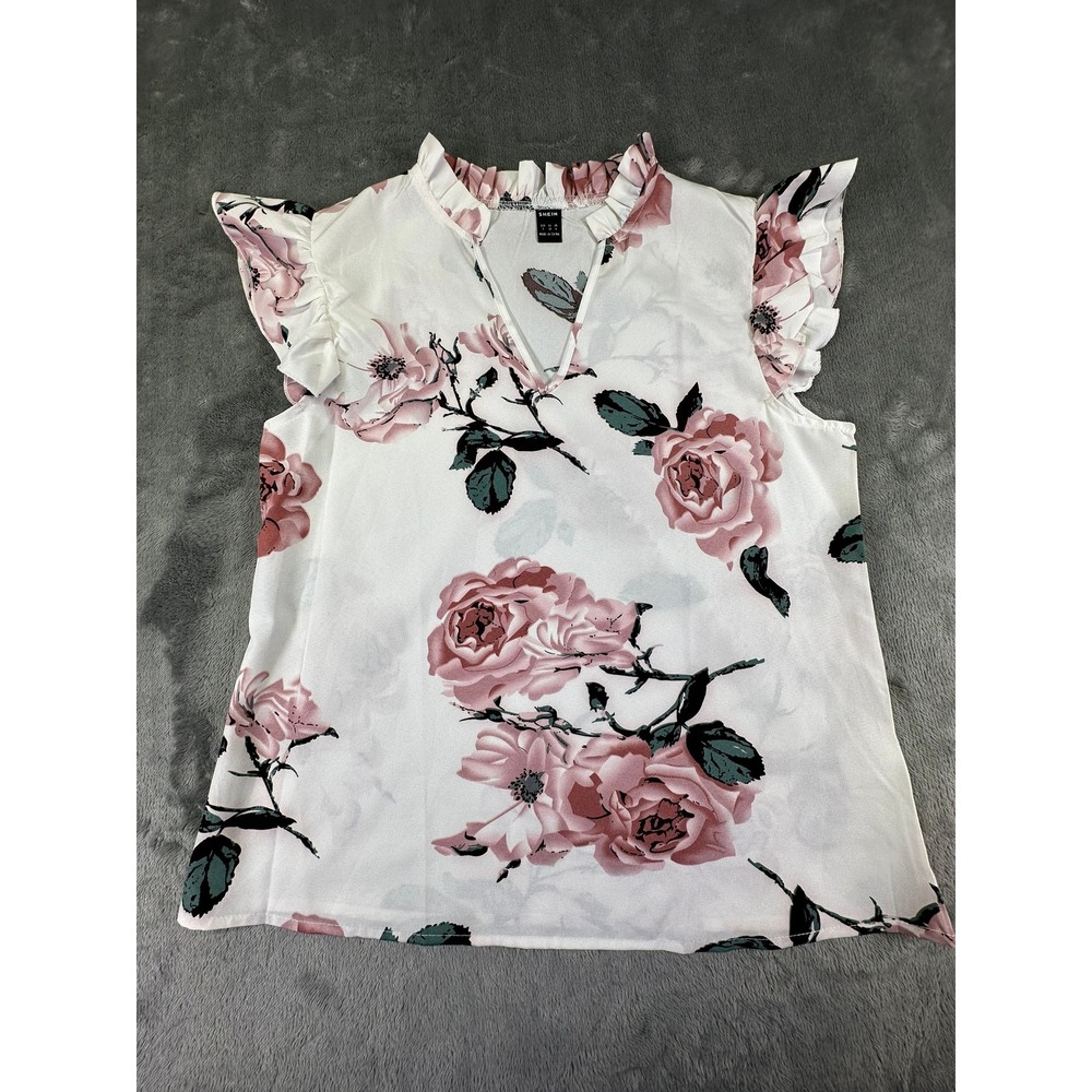 SHEIN Women Pink Floral Rose Print Ruffle Split Neck Flutter Sleeve Blouse Small